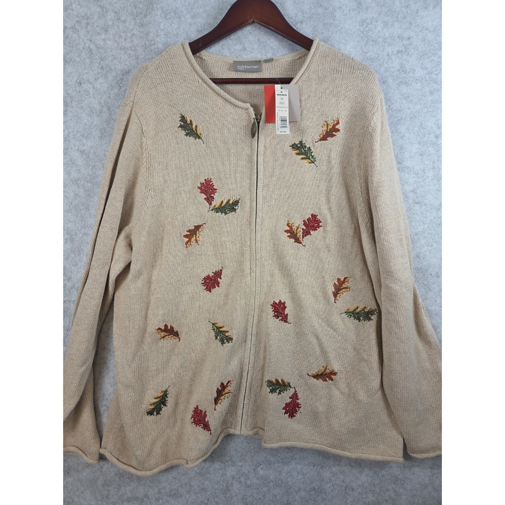 Croft & Barrow 2X Cardigan Sweater Embroidered Leaves Fall Harvest Festival NEW